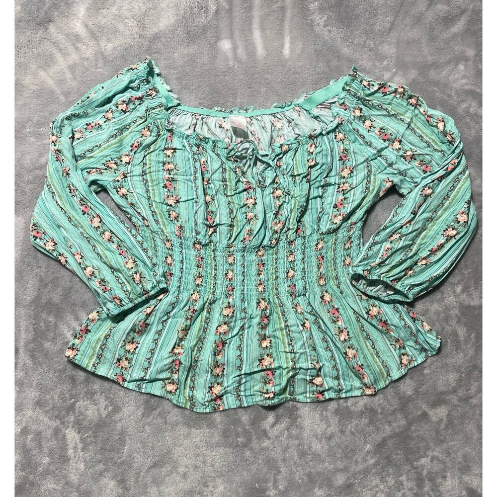 NOBO Milkmaid Coquette Smocked Babydoll Top Size XL Blue Green Floral Peasant